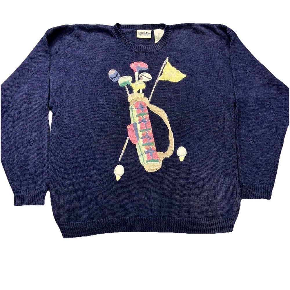 Vintage Northern Reflections Sweater Mens XL Golf Bag & Clubs Blue Knit Textured